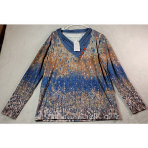 Exclusive T Shirt Top Womens Size 4 Blue Brown Tie Dye Long Casual Sleeve V Neck